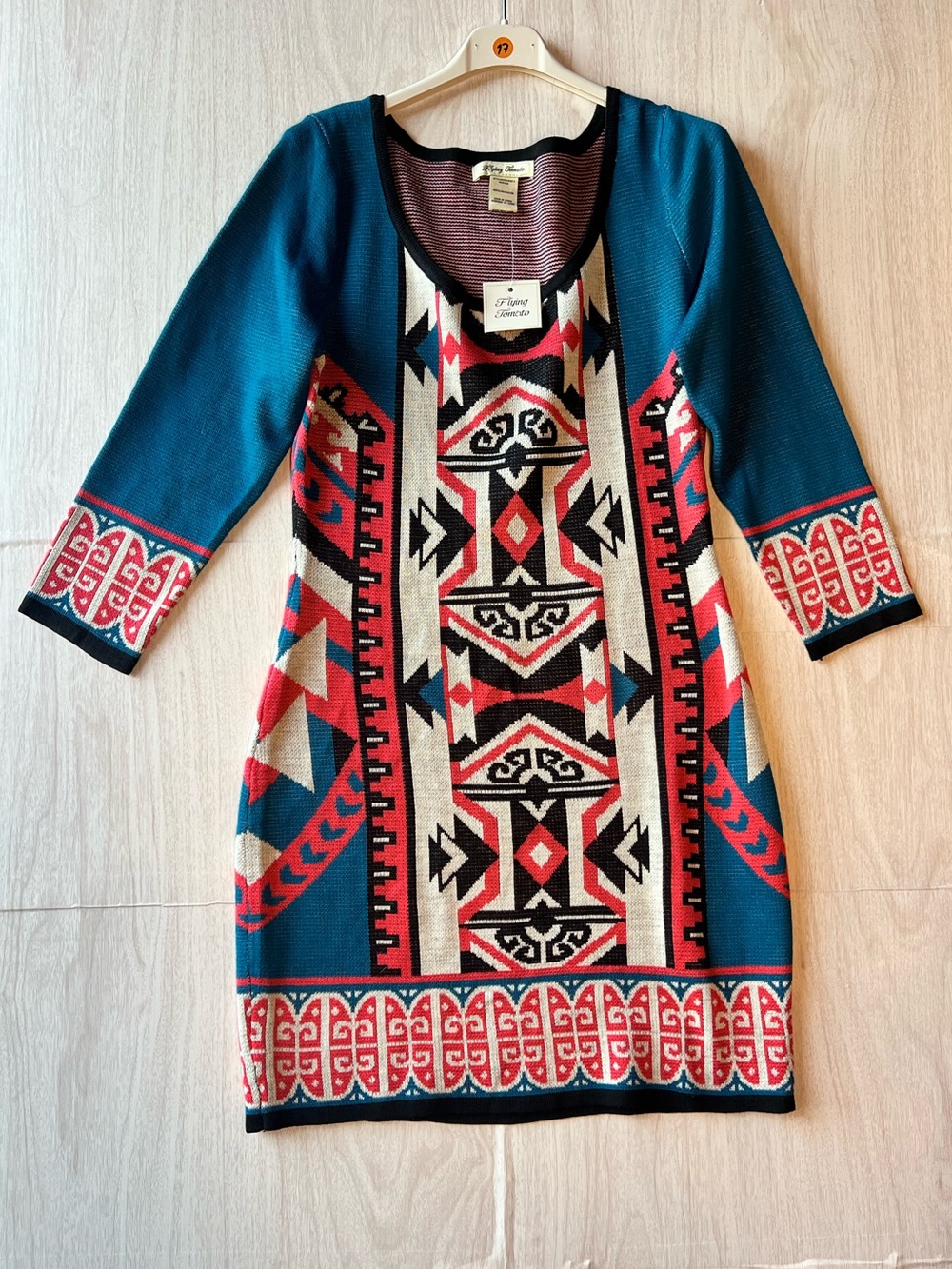 Flying Tomato Teal Knit Dress with Red, Cream & Black Aztec Motif